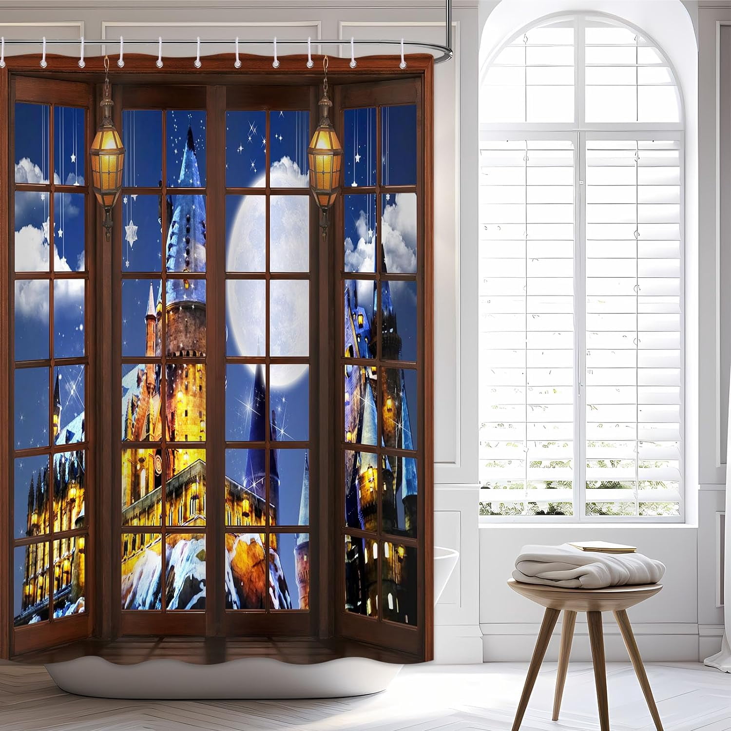 Magic Castle Shower Curtain, Wizard School Window Night Sky Moon Shower Curtain Set Fairytale Castle Bathroom Decor Waterproof Fabric Bath Curtain with 12 Hooks, 72x72 inches