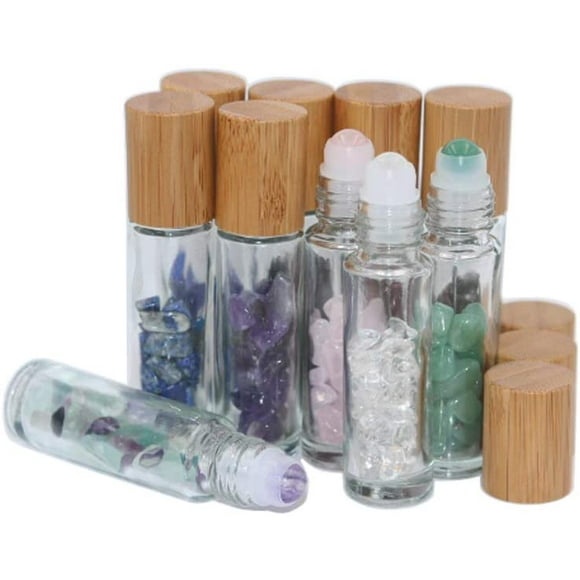 l Roll On Bottle With Gemstone Rollerball&Crystal Chips Inside,10 Packs Glass Roller Bottles Essential Oil Sample Bottles(Bamboo Lids)