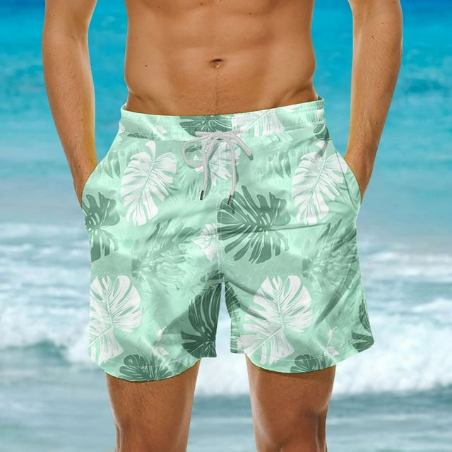 Swim Trunks for Men, Quick-Dry Polyester Fabric with UPF 50+ Protection, Elastic Waistband with Drawstring, Mesh Lining, 2 Slanted Pockets, Hawaiian Print Design