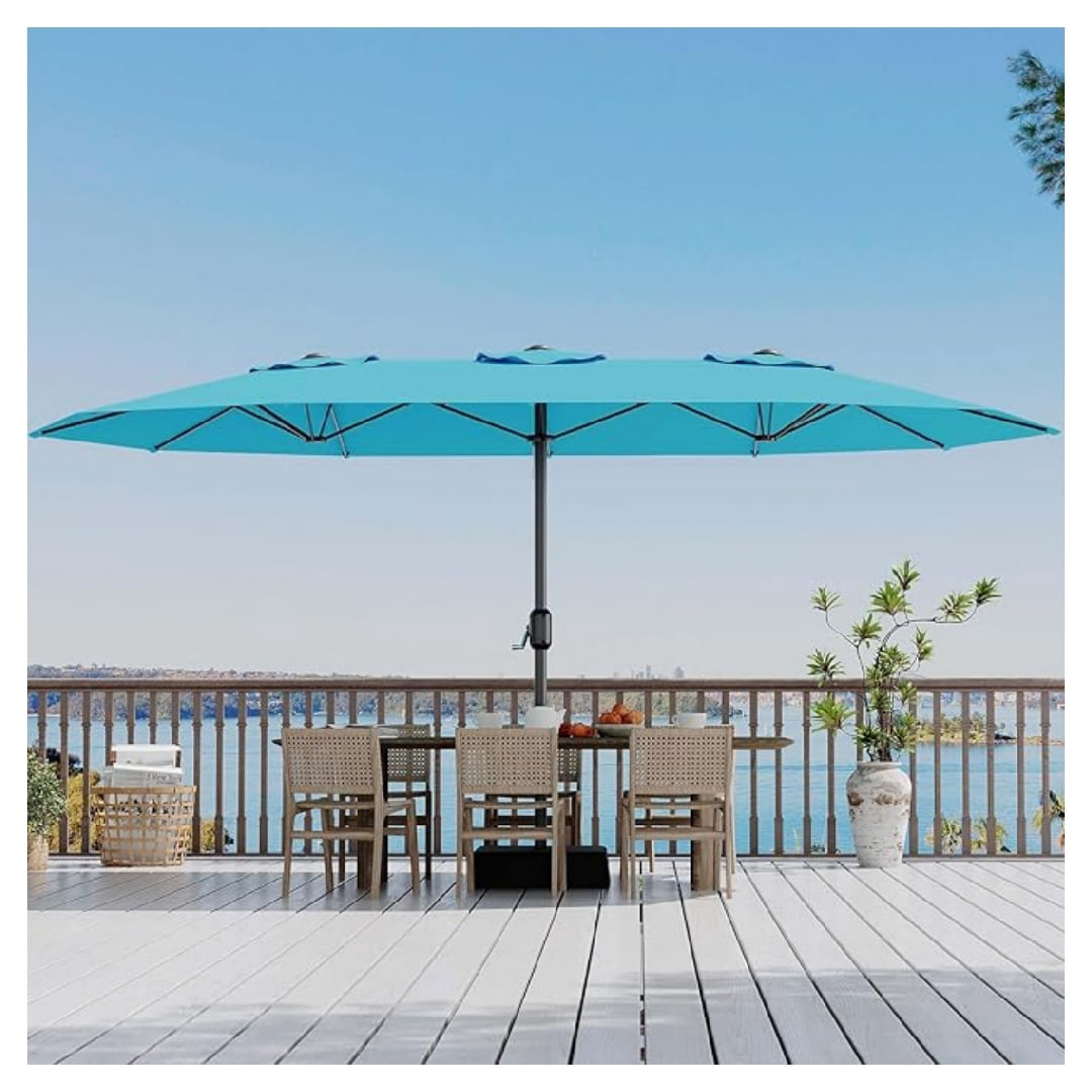 Heavy Duty 15FT Patio Umbrella with Weighted Base - Double-Sided Sun Shade for Outdoor Dining, Poolside, Backyard (Crank Handle, UV Blocking Fits 2-8 People)