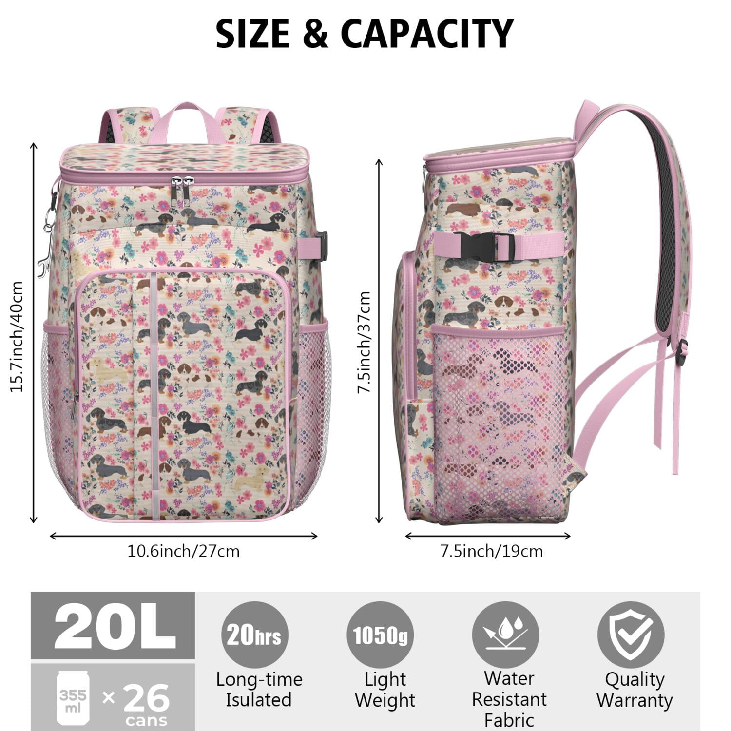 Travel Cooler Bag - Dachshund and Flower Camping Beer Cooler Backpack with Bottle Opener- Waterproof Insulated Picnic Backpacks - Cooler Bag for Beach