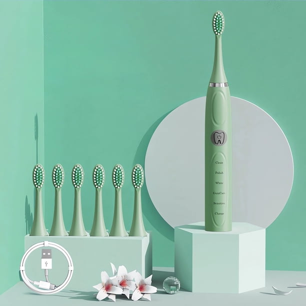 Cepillo de dientes eléctrico verde, cepillo de dientes para adultos recargable con cerdas suaves