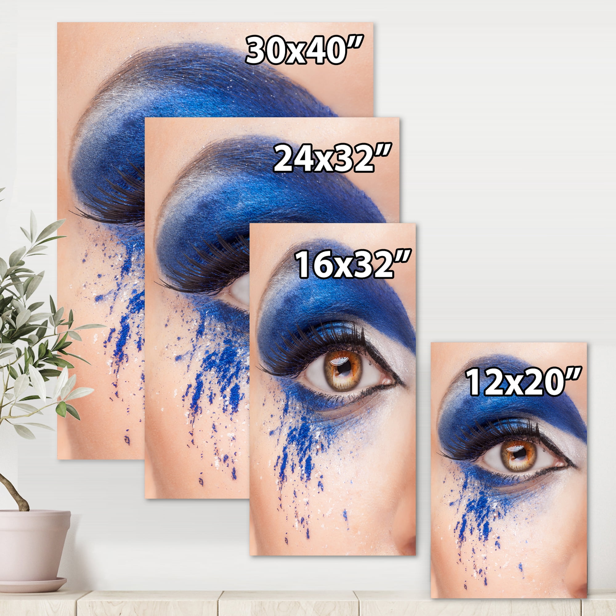 Designart ' Close Up Of Brown Eye With Blue Fantasy Make Up ' Modern Canvas Wall Art Print