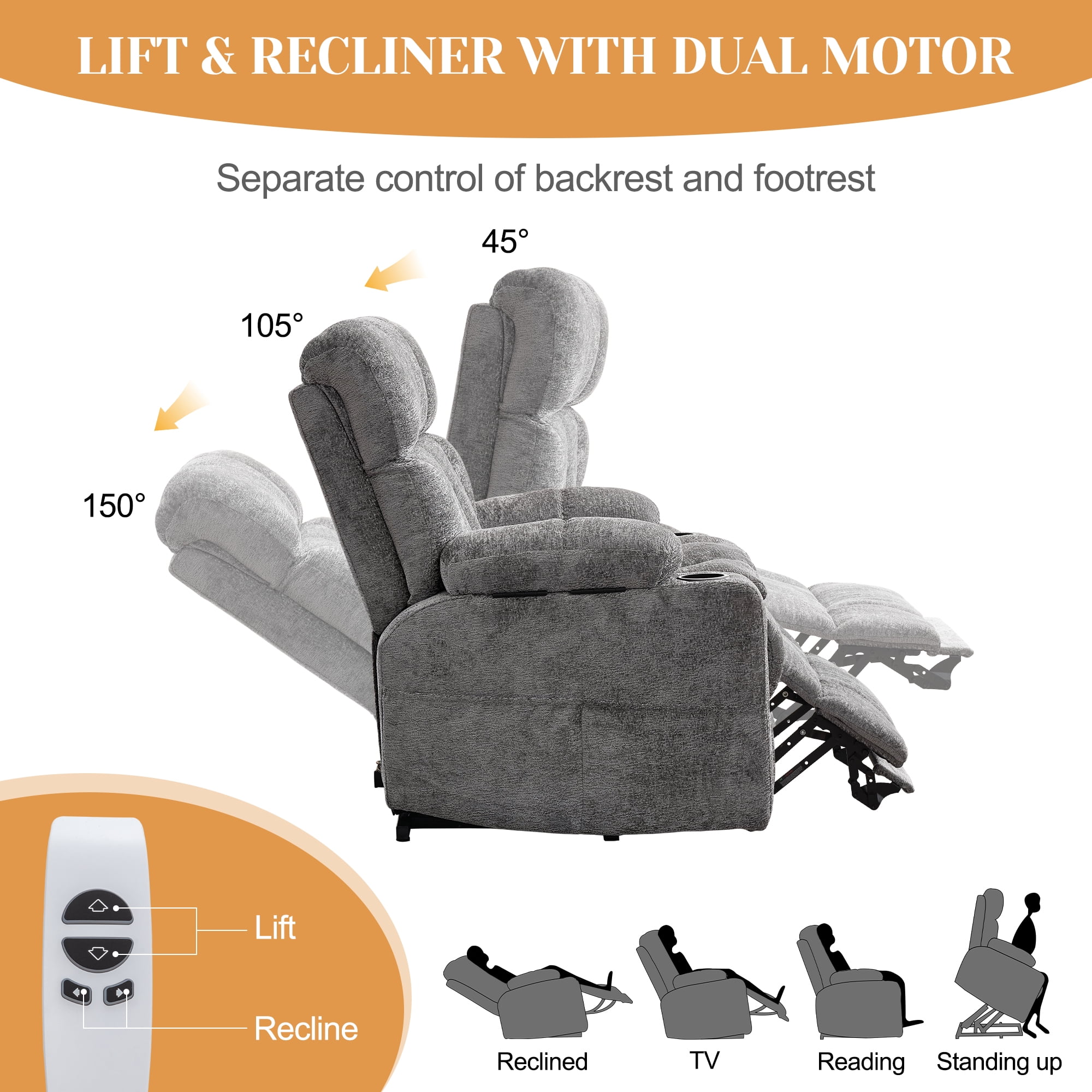 Korser Oversized Dual Motor Power Lift Recliner for Elderly with Adjustable Headrest,Massage Recliner Chair with USB Ports & Type C Electric Lift Chair with Storebox Cupholder for Living Room,Grey