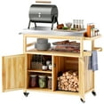 thumbnail image 2 of Outsunny Outdoor Grill Cart w/ Wheels and Storage Cabinets, Solid Wood Outdoor Kitchen Island w/ Stainless Steel Top, Integrated Hole, Natural Wood, 2 of 9