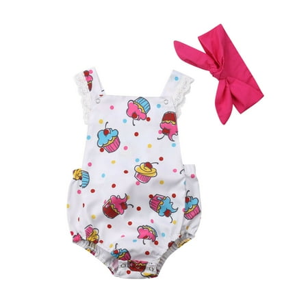 Newborn Baby Girl Clothes Ice Cream Print Bodysuit Backless Bodysuit Headband Outfit Baby Costume Infant Clothing