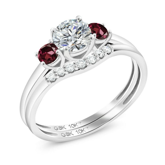 Gem Stone King 10K White Gold Lab Grown Diamond and Red Rhodolite Garnet Bridal-Sets Ring for Women | 0.80 Cttw | Round 5MM | Gemstone April Birthstone | Size 6