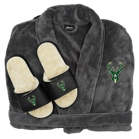 

ISlide Gray Milwaukee Bucks Faux Fur Slide Sandals & Robe Bundle