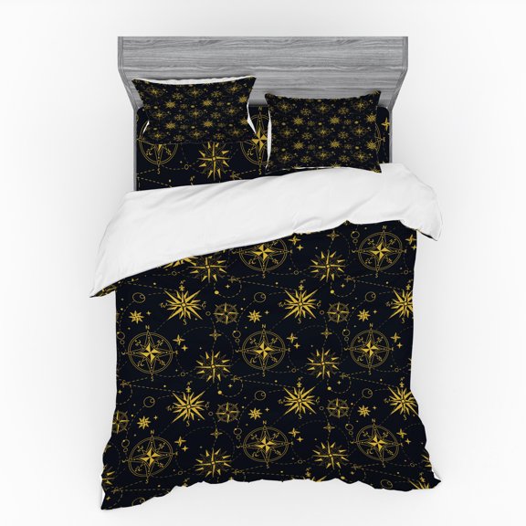 Ambesonne Compass Bedding Set 4 Pcs, Stars Dashed Lines Shapes, Queen, Night Blue Yellow