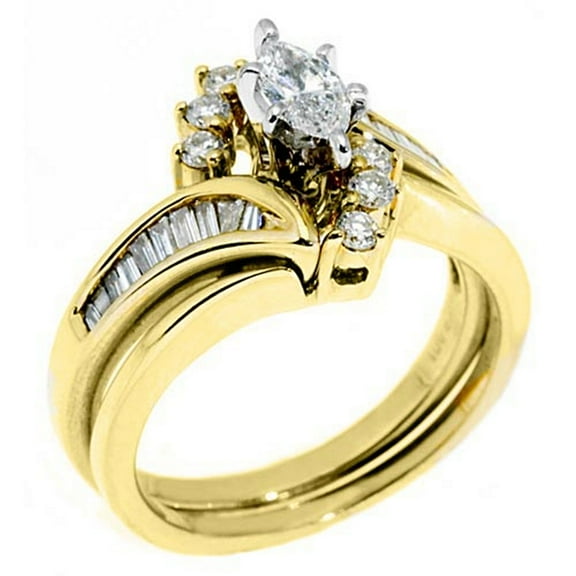 14k Yellow Gold .47 Carats Marquise Baguette & Round Diamond Engagement Ring Set