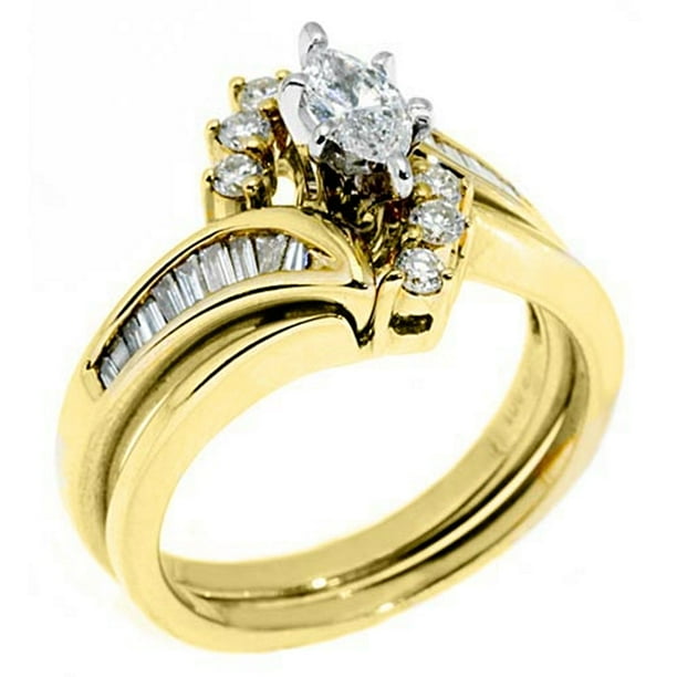 TheJewelryMaster 14k Yellow Gold .47 Carats Marquise Baguette & Round