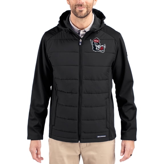 Men's Cutter & Buck Black NC State Wolfpack Evoke Hybrid Eco Softshell Recycled Full Zip Hooded Jacket