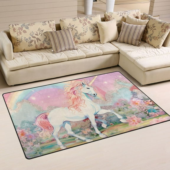 Unicorn Flowers with Rainbow Area Rug Washable Floor Carpet Mat 60 x 39 inch for Bedroom Living Room Kids Room Home Decor