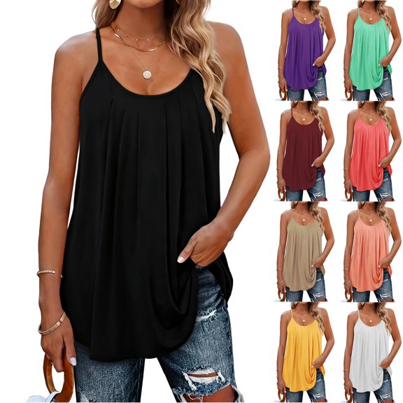 Tisuna Womens Tank Tops Summer Crew Neck Sleeveless Loose Fit Shirt Ladies Adjustable Spaghetti Strap Basic Cami Shirts Size Xxxl Black