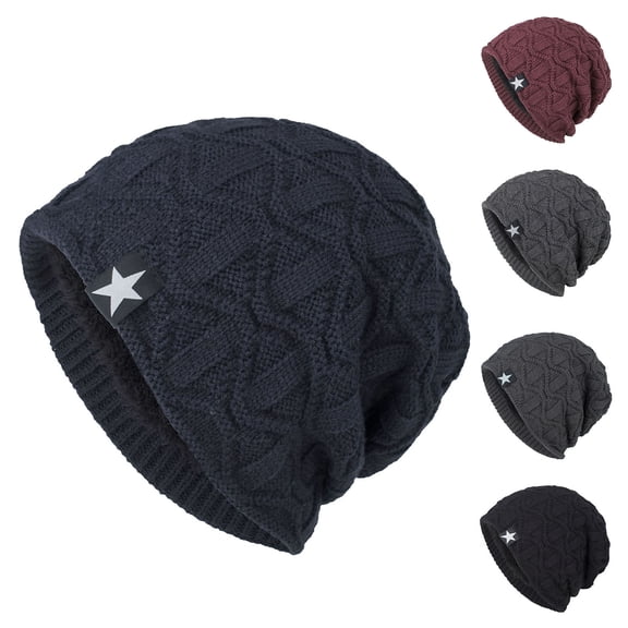 Mgmyaa Men's Star Patch Winter Beanie Hat Warm Knit Skull Cap Outdoor Cold Weather Headwear Unisex Casual Pullover Beanies