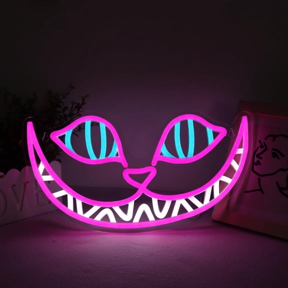 JFLLamp LED Neon Sign Smiling Cat Shape Multicolor Light USB Powered Dimmable Wall Decor Lamp for Bedroom Desk Party