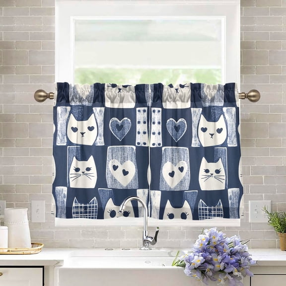Yayeee Kitchen Curtains Tier Pair Light Filtering 27"x36" Rod Pocket Short Cafe Window Panel, Blue Cats and Hearts