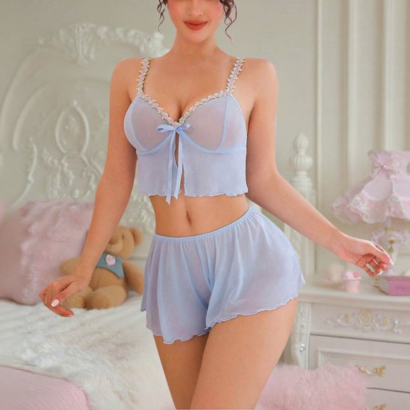 Blmnix Sexy Pajama Womens Pajama Sets 2 Piece Sleepwear Sets Pajamas Short Blue Sleeveless Sweetheart Pajama Shorts,S