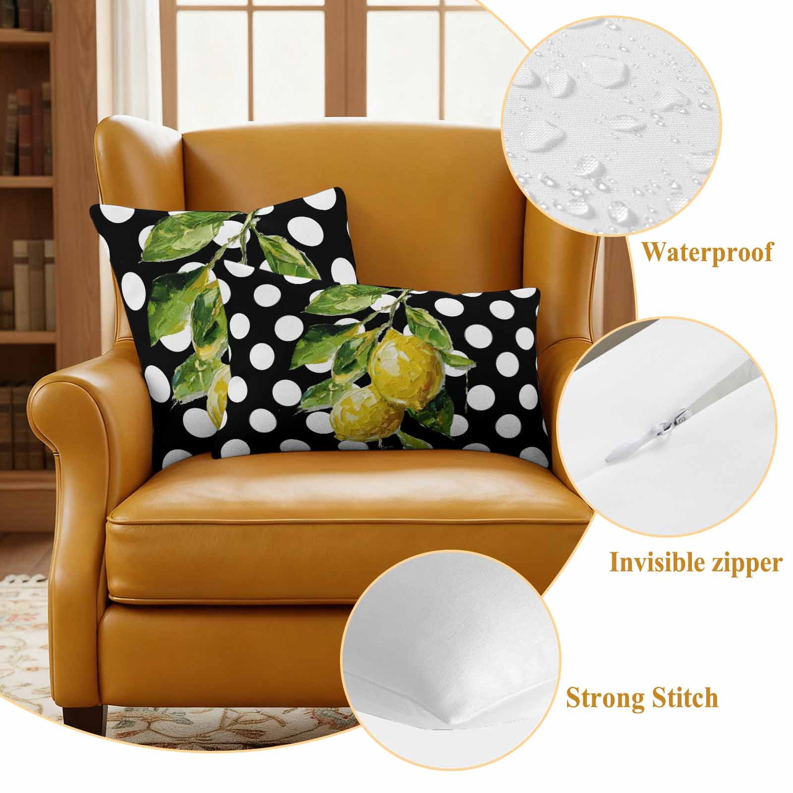 Outdoor Pillow Covers Farmhouse Yellow Lemon Green Leaf Waterproof Pillow Cases 16x16 Set of 2, Black White Polka Dot Throw Pillow Cover Pillowcase for Patio Balcony Couch Garden