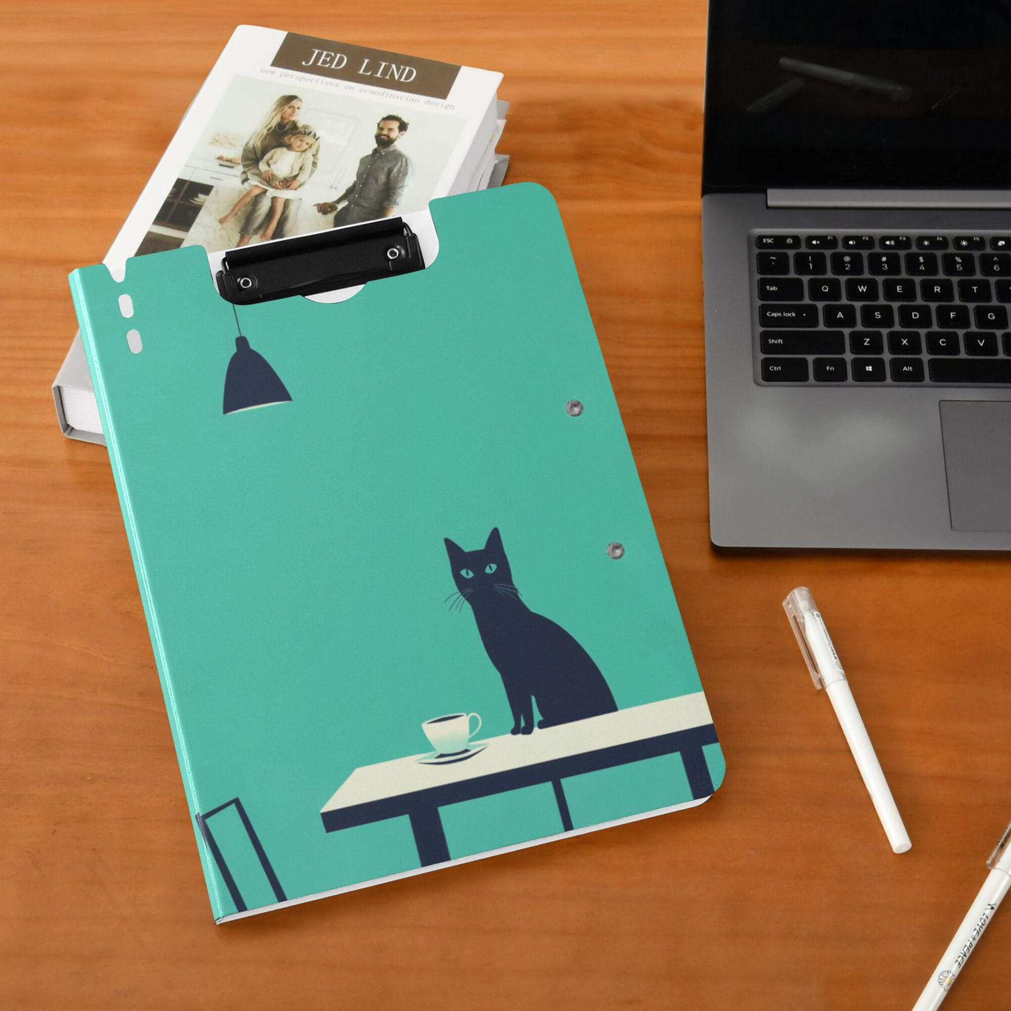 FORMRS A4 Clipboard Folder with Pen Holder Horizontal Foldable School Office Binder, Green Cat