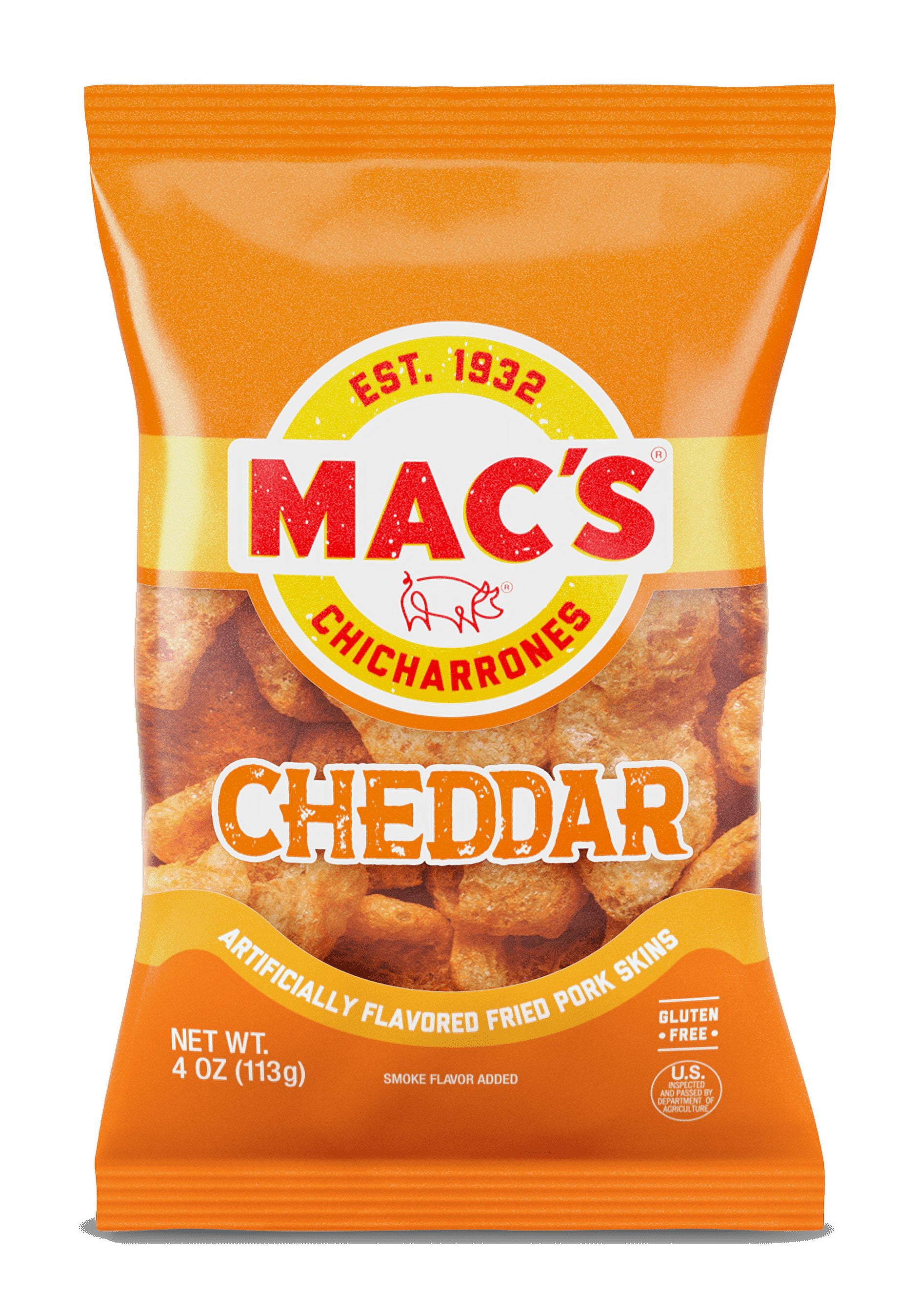(5 pack) Mac's Chicharrones Cheddar Flavored Pork Rinds, Pork Skins, 4 oz Bag