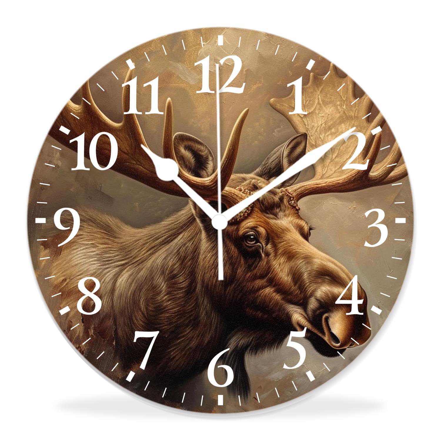 12 Inch Wall Clock Battery Operated Silent Clock Decorative for Office, Kitchen, Outdoor, Living Room，Moose Natural