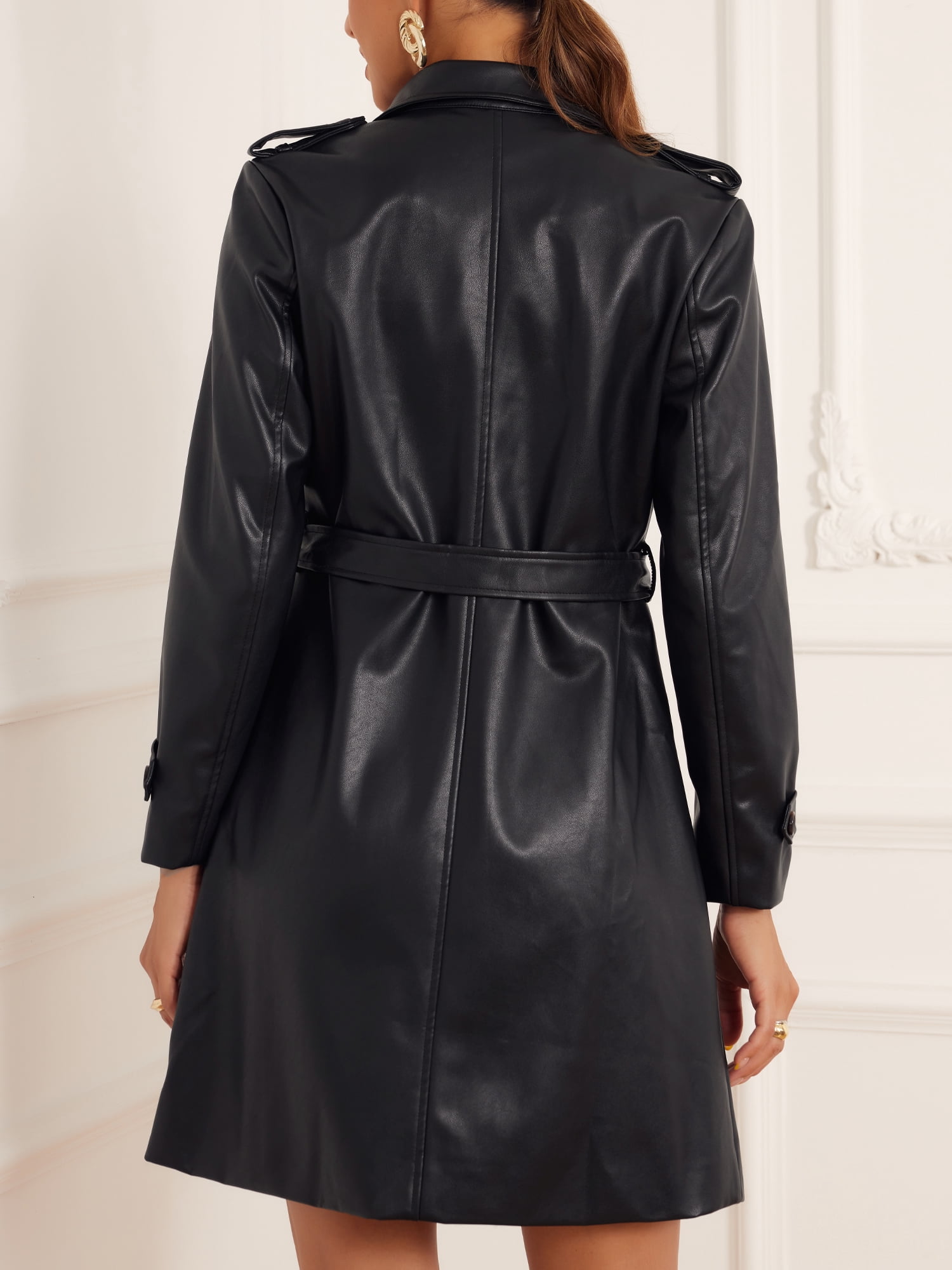 DARING DIVA Women's Lapel Zip Front Faux Leather Long Jacket L Black
