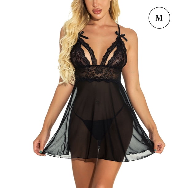 Vestido de dormir sexy para mujer Conjunto de lencería en V profundo Conjunto de ropa interior Camisón, Negro, M Vogacara XX000095-04