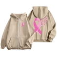 thumbnail image 4 of Breast Cancer Awareness Hoodies for Women, Pink Ribbon Feather Graphic Zip‑Up Oversized Hooded Jacket with Pockets, 4 of 6