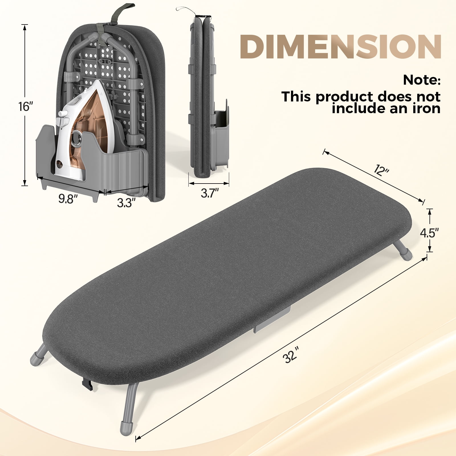 KK KINGRACK Ironing Board, Small Tabletop Ironing Board with Iron Holder, Foldable&Space-Saving, Black