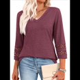 thumbnail image 1 of Blusas Elegantes e Informales de 3/4 para Mujer, Camisetas de Cuello en V A , Ropa de Verano 2025. Rojo Púrpura M, 1 of 7