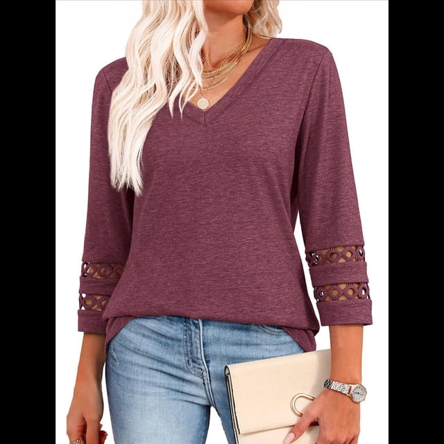 Blusas Elegantes e Informales de 3/4 para Mujer, Camisetas de Cuello en V A , Ropa de Verano 2025. Rojo Púrpura M