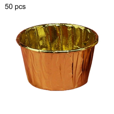 

HEVIRGO 50Pcs Muffin Cups High Temperature Resistance Wrapping Edge Paper Souffle Pudding Ramekin Holders for Bakery Gold Paper
