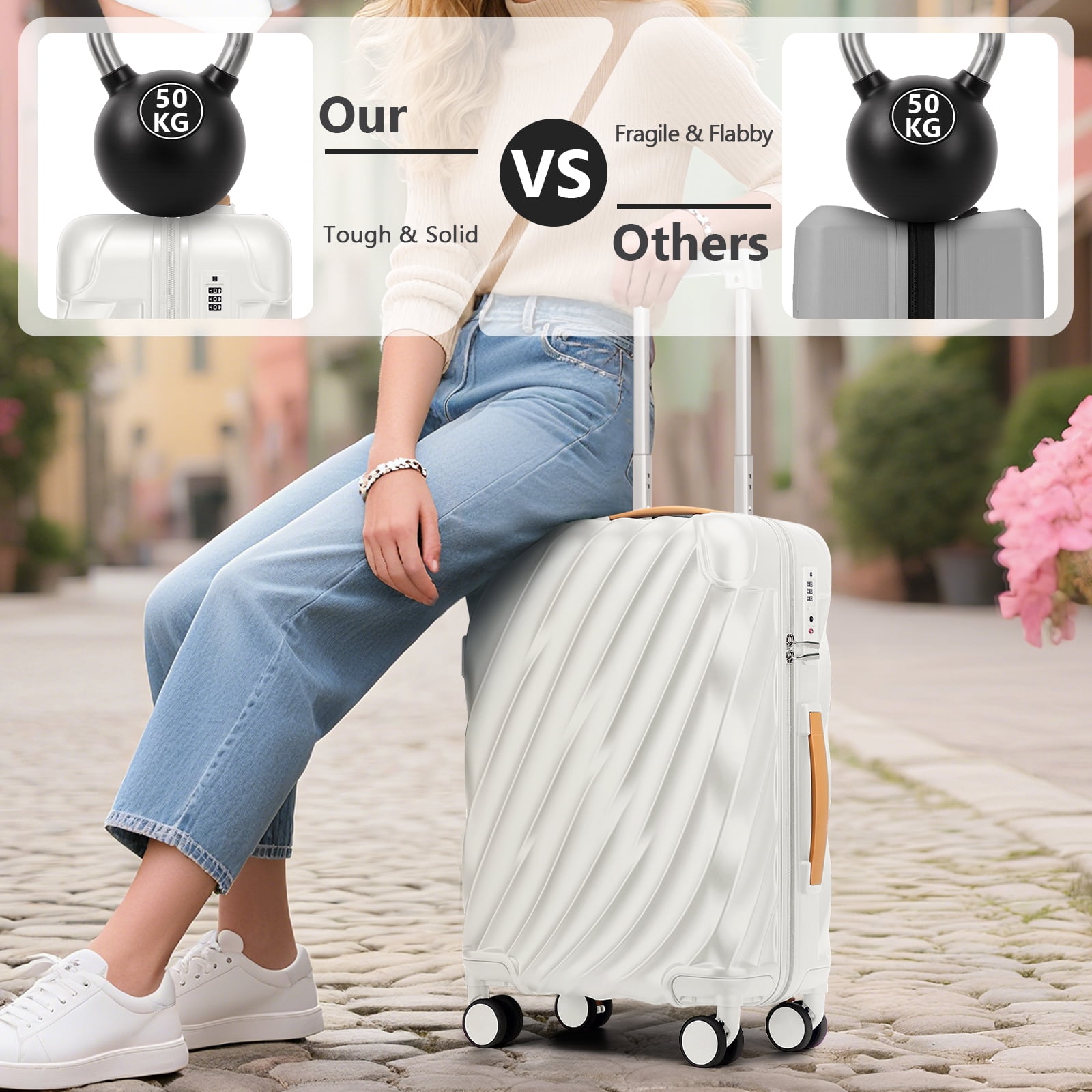 Joyway 5-Piece Luggage Set PC Ultra-Hard Shell Lightweight Suitcase TSA Lock Brake Spinner Wheels (20/24/29) with Backpack White