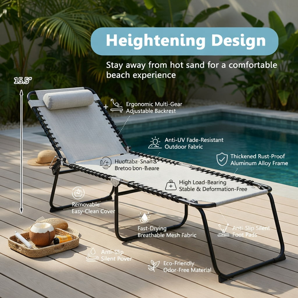 Hommoo Foldable Steel Beach Lounge Chair with Adjustable Backrest & Comfort Pillow, Weather-Resistant Patio Chaise for Outdoor and Indoor Use, Gray