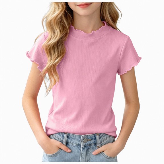 Gubotare Toddler Girls T-Shirts Short Sleeve Solid Ribbed Tops Lettuce Trim Kids Casual Basic Tees 3T-4T,Pink