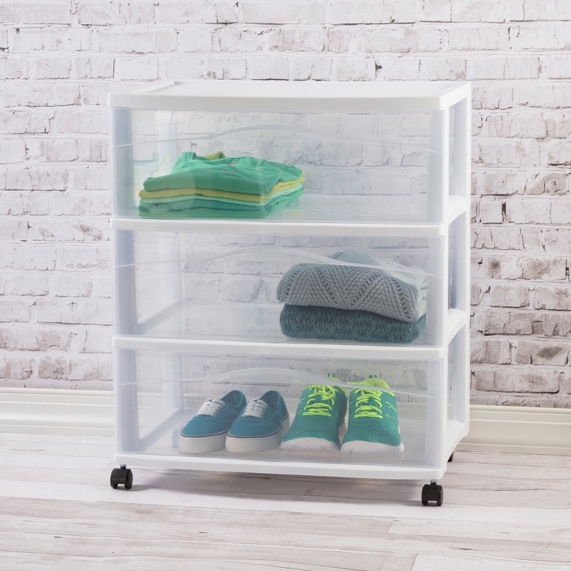 Sterilite Wide 3 Drawer Storage Cart, Plastic Rolling Organizer, White Frame