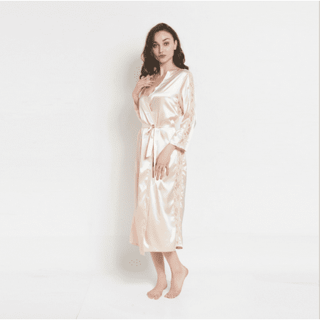 Long Satin Champagne Magshion Women Lace Trim Kimono Pajamas Satin Sleeve Long Wrap Robe Cover Sleep Wear Dress Champagne ()