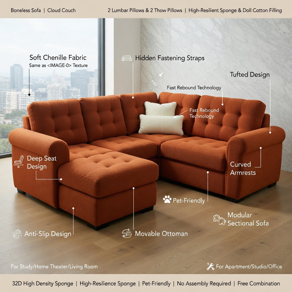 Hommoo Teddy Fleece Modular 4-Seat Sofa, Cloud-Like Softness, Curved Backrest & Armrest, Double-Layer Cushioning with Lumbar Support, Orange