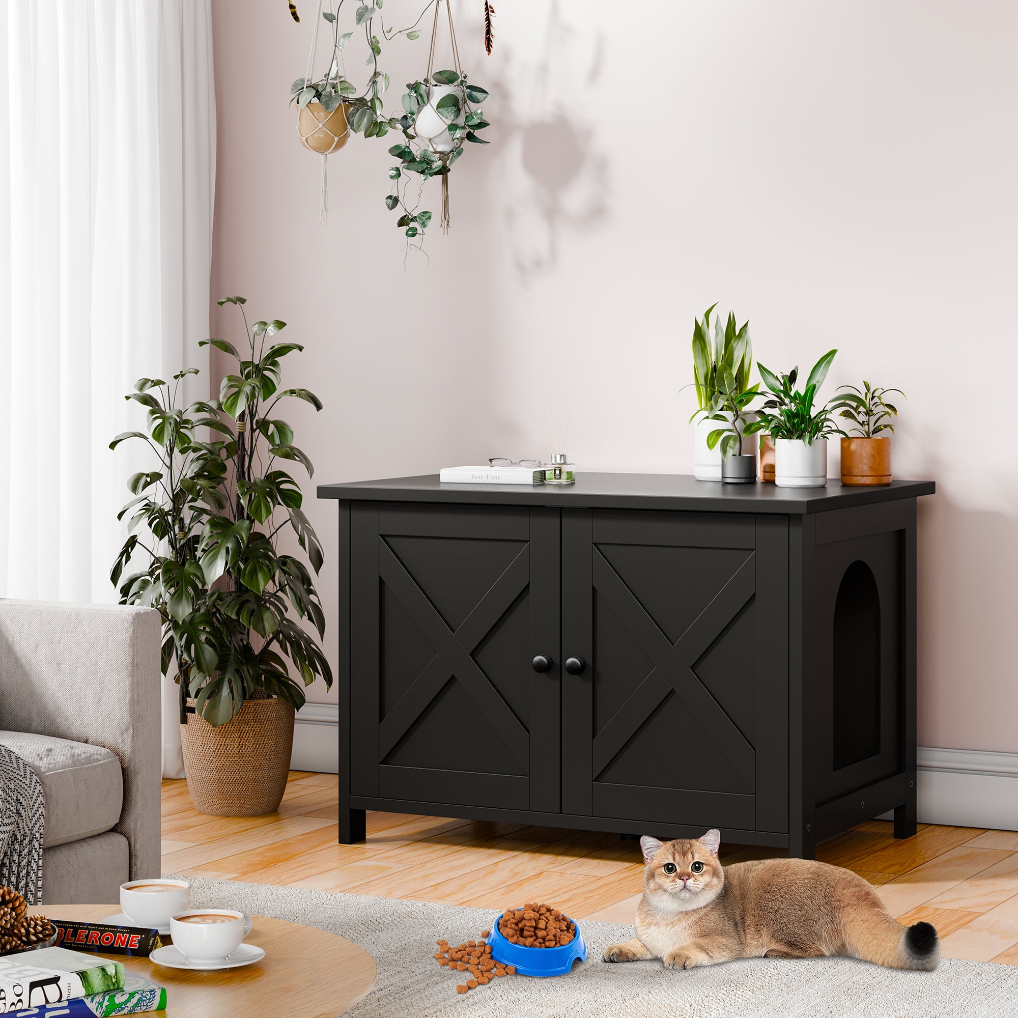Walsunny Hidden Cat Litter Box Cat Washroom with Double Removable doors and Divider Indoor for Living Room Black