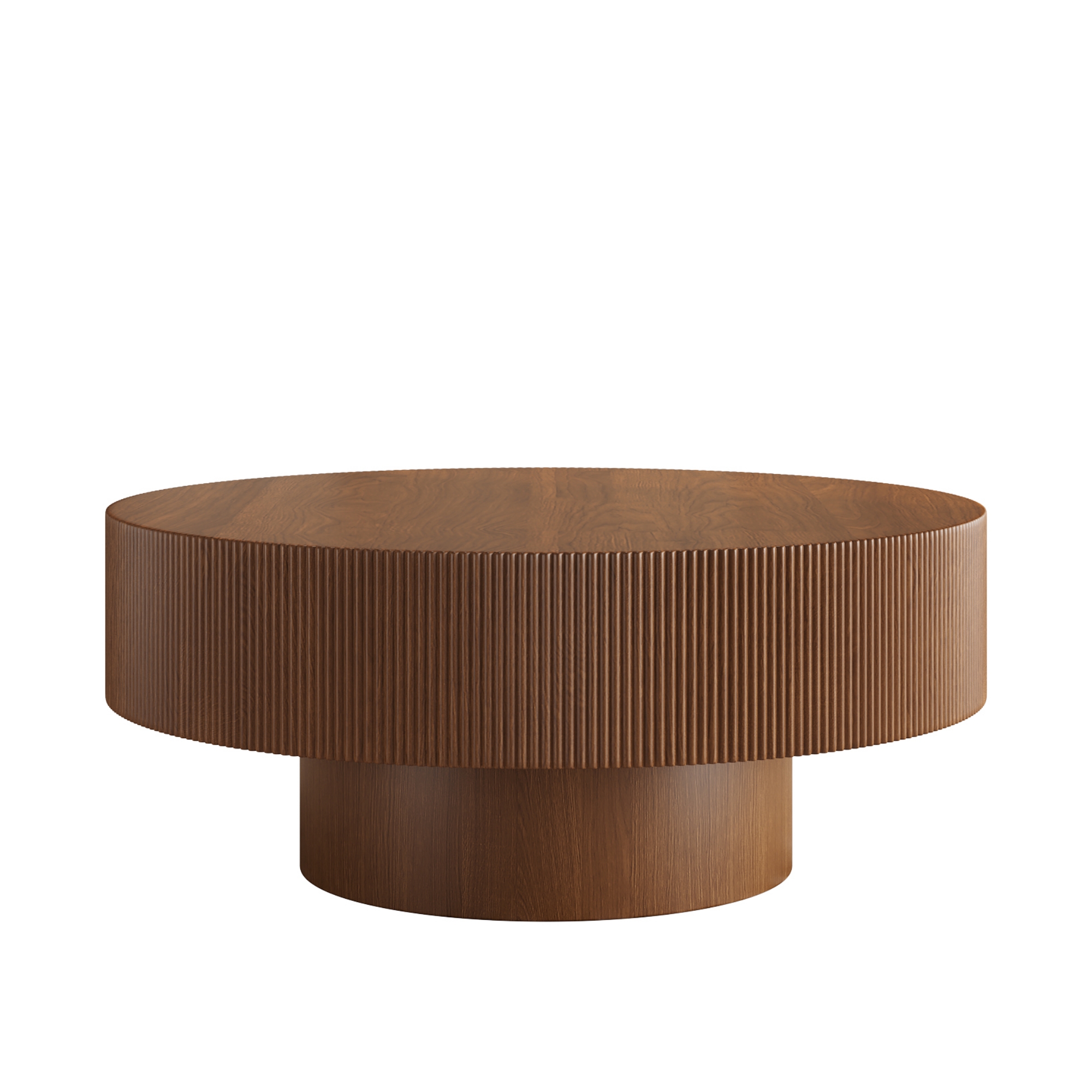 Euroco Elegant Easy Assembly Round Coffee Table with 6.8" Thick Tabletop, Modern Drum End Table, Minimalist Fluted Center Table with Sturdy Base for Living Room, Walnut, 31.5"W*13.7"H