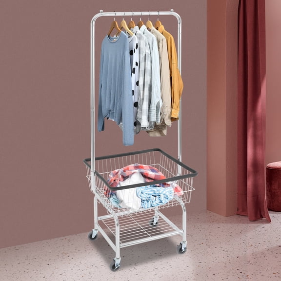 Silver Carbon Steel 50*40*180cm Laundry Cart With Hanger 110-Pound Load-Bearing Storage Trolley