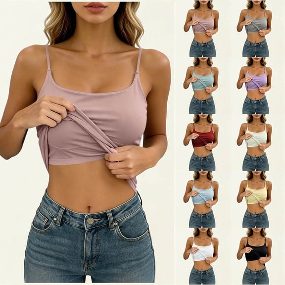 Bainana Women'S Built In Bra Tank Tops Solid Color Sleeveless Crew Neck Camisoles Comfort Fit Stretchy Ladies Everyday Wear Vest Clothes