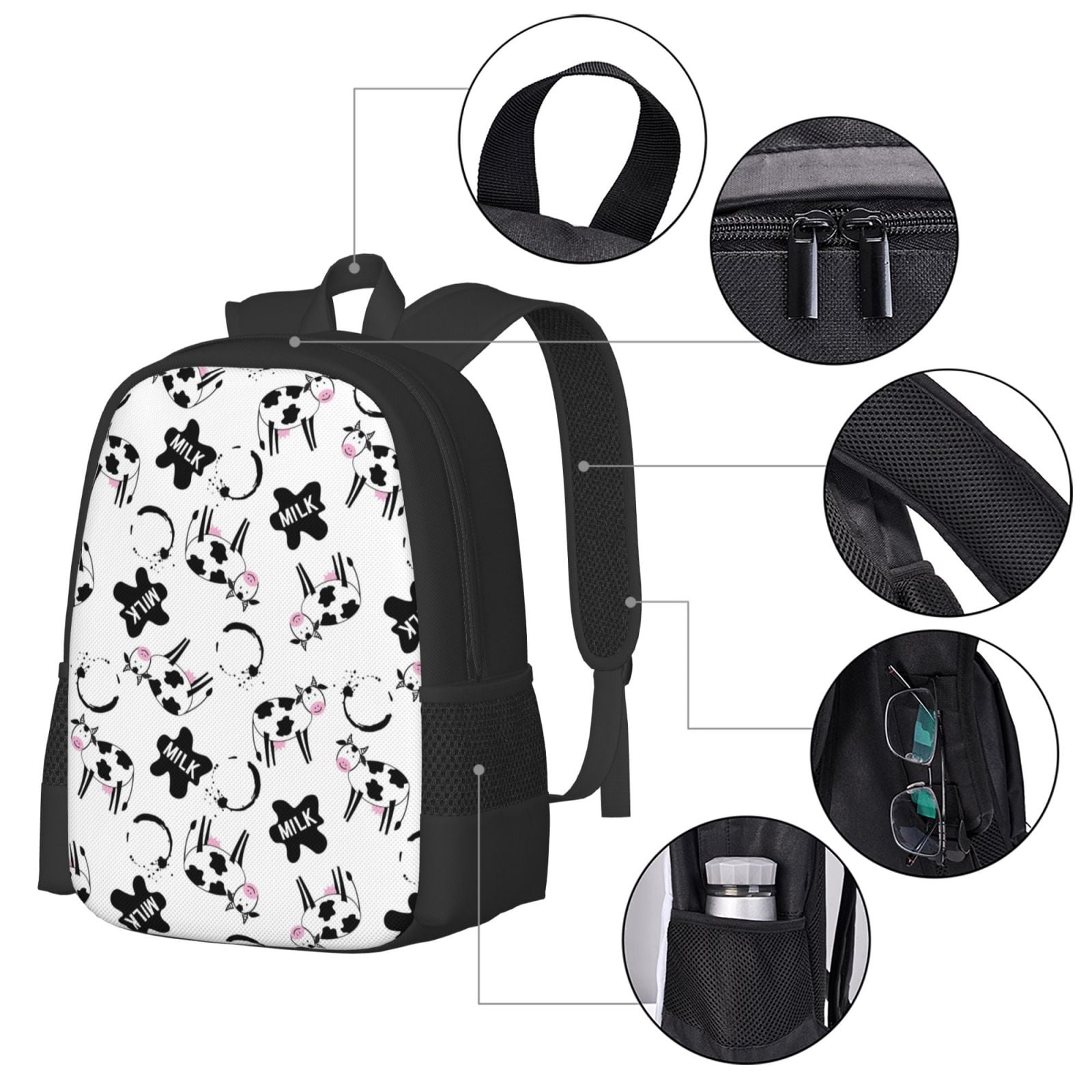 Vsdgher Cute Cow and Milk Stains Print Backpack for Women Men School Bookbag with Laptop Compartment for College Work Travel, Simple Fashion Casual Daypack, Fit 15" Laptop