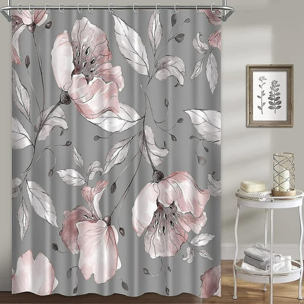 Cortinas de ducha florales para baño, cortina de ducha de flores rosas (hy)