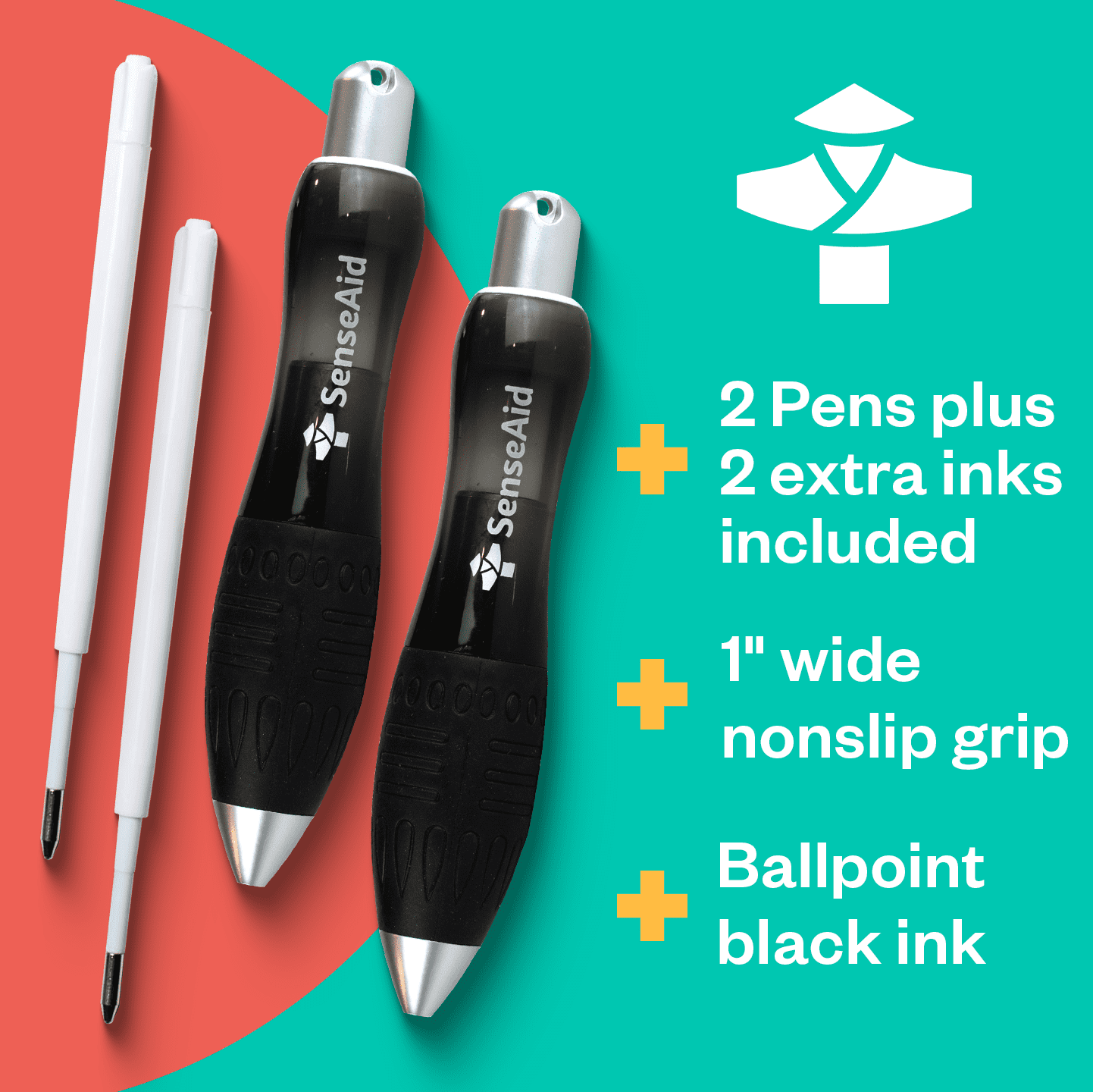 SenseAid Fat Weighted Pens for Hand Tremors (2 pack), Heavy Pens with Large Grip for Arthritis, Parkinson’s, Carpal Tunnel, Plus 2 Ink Refills