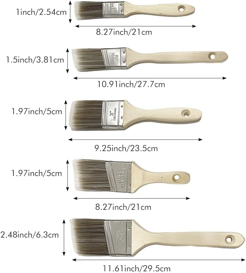 Paint Brush Set, Wood Stain Brush Pack, Furniture Paint Brush Angled For All-Purpose Paintbrush Set With Wooden Handles For Wall And Fence (5 Pack Assorted Sizes)