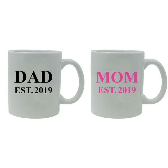 Dad   Mom Established EST. 2019 Ceramic Coffee Mug Bundle, (White/White)