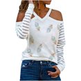 thumbnail image 1 of Mujeres de manga larga de malla ahueca hacia fuera el hombro frío camisas casuales fuera del hombro pulóver a rayas con cuello en V blusa túnica Tops Pompotops gfhjh22062, 1 of 1