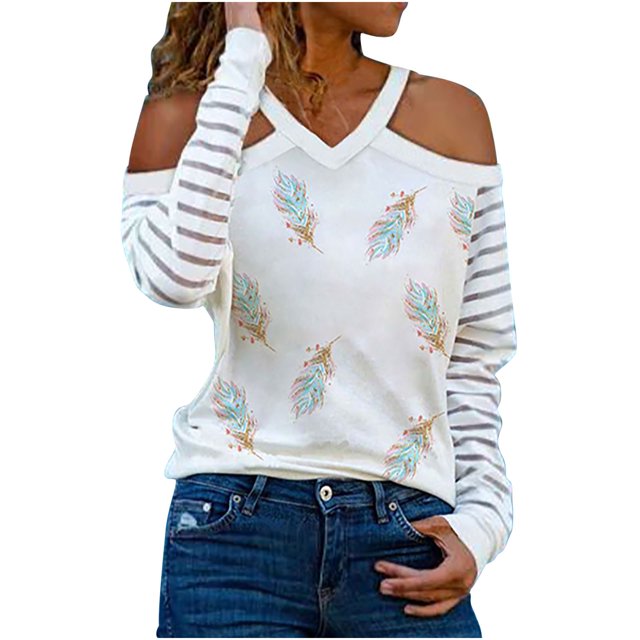 Mujeres de manga larga de malla ahueca hacia fuera el hombro frío camisas casuales fuera del hombro pulóver a rayas con cuello en V blusa túnica Tops Pompotops gfhjh22062